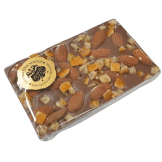 Chocoladereep met geconfijte sinaasappel en amandelen