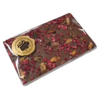 Chocoladereep met pistache en framboos